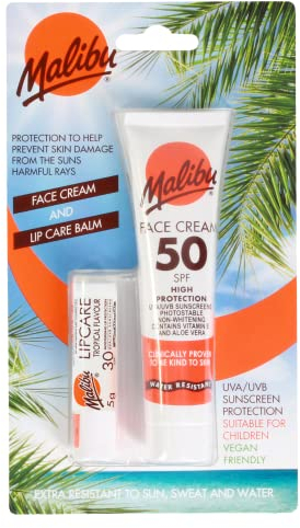 Malibu Sun SPF 50 Face Cream and SPF 30 Lip Balm Duo, High Protection Sun Cream, Water Resistant, Vitamin Enriched, 2 pack