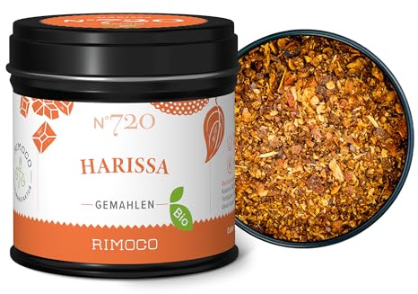 Rimoco N°720 Bio Harissa Gewürzmischung - Traditionell, feurige, nordafrikanische Würzmischung | Schärfegrad: 3 von 5 | Bio Anbau (DE-ÖKO-007) | 55g in eleganter Gewürzdose mit Aromadeckel