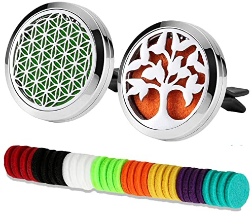 2 Stücke Auto Aromatherapie Ätherisches Öl Diffusor, Edelstahl Lufterfrischer Vent Clip Medaillon für Auto + 32 stücke Refill Pads