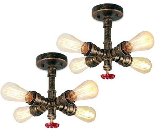 PETITES ECREVISSES 2 Pack Retro Industrie Wasserrohr Deckenleuchte mit 4 Fassung lampe, Vintage Wandleuchte Editon Dekor Beleuchtung für Bar, Küche, Wohnzimmer und Schlafzimmer, E27 Sockel-Lampe