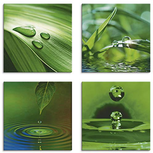 ARTLAND Wanddeko Wellness Bilder Leinwand Bilder Set 4tlg. je 30x30 cm Quadratisch Wandbilder Zen Pflanze Gras Wassertropfen K2IQ