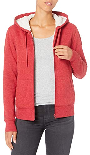 Amazon Essentials damjacka sherpa-fodrad fleece hel dragkedja huva jacka (finns i plusstorlek), röd ljung, X-Small