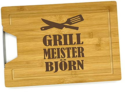 Saphir Design Holzbrett mit Gravur Grill Meister Schneidebrett personalisiert Name Holz 33x23x1,8 cm | Küchenbrett Name personalisiert Geschenk Grillen | Bambus Brett graviert (KSB-11)