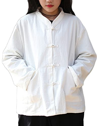 NFYM Women'sTang Suit Tops Button-Down Shirts Linen Blouse Chinese Traditional Long Sleeve Kung Fu Clothing (White, One Size)