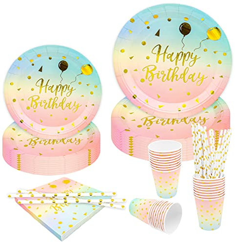 Vaisselle de Fête Anniversaire d'Enfant, 120 Pièces Ensemble de Vaisselle de Fête Arc-en-Ciel avec Gobelets Serviettes Pailles Assiettes en Papier Anniversaire Fille pour Fête Anniversaire(24 Invités)