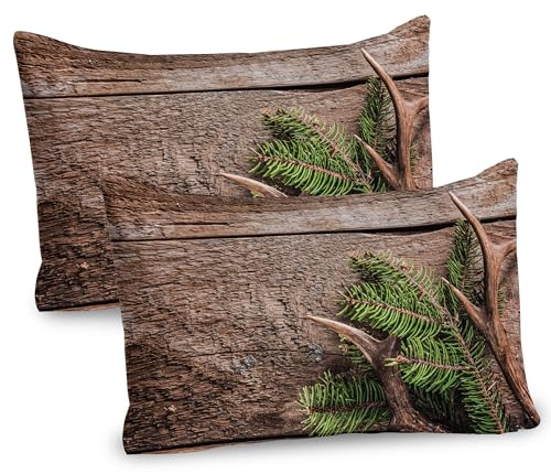 Ambesonne Antlers Pillow Sham Set of 2, Evergreen Branch Deer Antler Against Rustic Wooden Background Print, Quality Microfiber Bedding Item for All Seasons, 26 x 20, Fern Green Umber