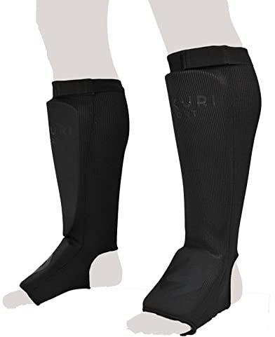 SAKURI Shin Guards for Kickboxing, Muay Thai, MMA, Taekwondo, Karate, Boxing, Martial Arts, Elasticated Sock Padded Protection to Support Leg Foot & Instep, Equipment Gear for Men Women in Training