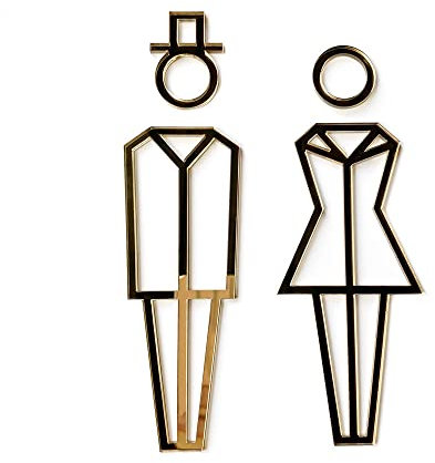 PIctogramme WC Hommes - Femmes relief en plexi. Lot de 2 Plaques de porte Toilettes Origami avec double face au dos. Plexi blanc, noir, miroir or ou argent - Plexi miroir or -