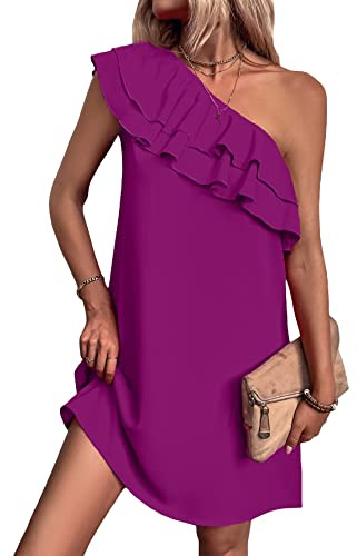 Floerns Women's One Shoulder Tiered Layered Sleeveless Ruffle Trim Tunic Dress Purple L