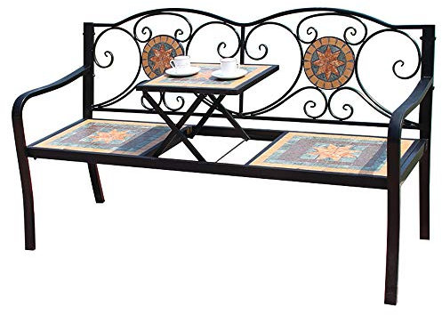 ZMYJTO 59-Zoll-Park-Terrassenbank Gusseisen-Gartenbank, wetterfeste Outdoor-Loungebank mit verstellbarem Mitteltisch, 2-Sitzer-Retro-Metallbank, dekorative Rasenbänke für Innenhöfe und Veranden