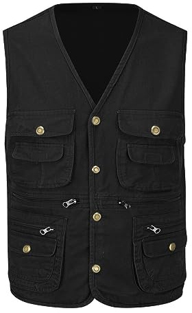 YOUTHUP Herr Multi Pocket Gilet utomhus fiskeväst bomull fotografi jakt safari väst användbarhet ärmlös jacka, Svart, S