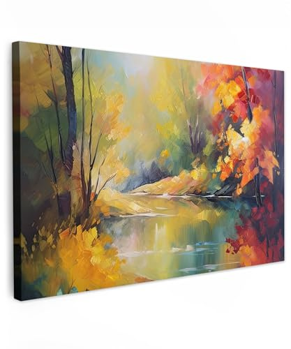 MuchoWow© Leinwand Groß 120x80 cm XXL Deko Schlafzimmer Aesthetic Leinwandbilder Wohnzimmer Gemälde Foto Geschenk Living Room Decoration Kunstdruck - Landschaft - Öl - Fluss - Bunt