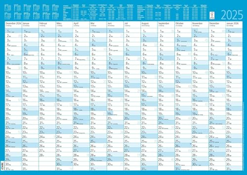 Zettler - Jahresplaner 2025, 86x61cm, Plakatkalender mit 14 Monaten auf 1 Seite, Mondphasen, Arbeitstage-, Tages- und Wochenzählung, Ferientermine und deutsches Kalendarium