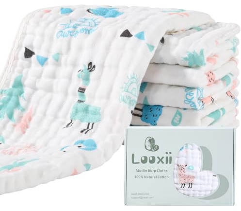 Looxii Spucktücher Baby 6er Set 100% Baumwolle Mulltücher Baby 27x47 cm Moltontücher Waschlappen Musselintücher 6 Lagig Mullwindeln Stoffwindeln für Neugeborene - Blaue Alpaka