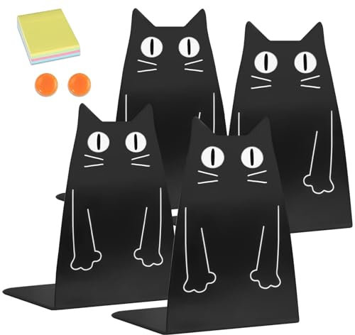 DIFIT 4 Stück Eisen Katzen Buchstütze，Robuste Schwarze Buchstützen， Metall Buchstützen，Einzigartige Buchstützen，geeignet für Schulen, Bibliotheken, Büros, Küchen und mehr.