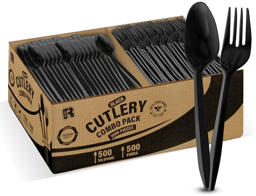 1000 Pcs Black Plastic Utensils Set - 500 Forks And 500 Teaspoons, Plastic Forks And Spoons Set - Bulk Black Cutlery Set