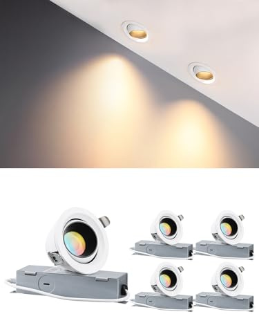 TORCHSTAR 3 Inch Gimbal Recessed Light, 5CCT Anti-Glare Narrow Frame Classic Deep Smooth Trim, CRI90 Dimmable 694lm Adjustable Eyeball Spotlight, 2700K3000K3500K4000K5000K Selectable, ETL, Pack of 4