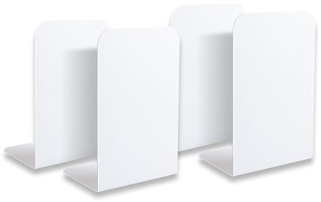Quixotical 4 Pezzi Reggilibri in Metallo Bianco, 21 x 9 x 13,5 cm Ferma Libri per Libreria da Mensole Antiscivolo, Ideali per Casa, Ufficio, Scuola e Biblioteca