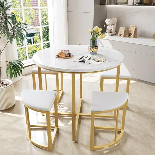 NNJN Esszimmertisch-Set mit Vier Stühlen,Essgruppe mit MDF-Tischplatte und vergoldeten Eisenrahmen,Samtstuhl,Moderne Luxustische und-stühle (Weiß)