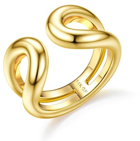 Adramata Anillo Grueso Relleno de Oro de 14K para Mujer - Anillos Ilamativos para Nudillos, Apilables, Banda de Doble Capa, Dorados para Pulgar