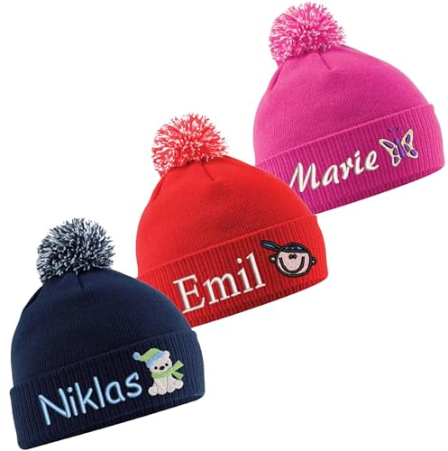 Kinder-Snow-Bommel-Strickmütze mit Name & Motiv Bestickt | Individuell mit Namen personalisierte Kindermütze