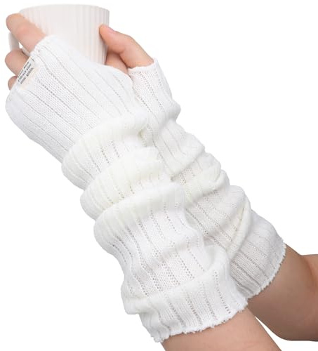 ZEYIYER Winter Lange Fingerlose Handschuhe Weiche 39 cm Armstulpen Strick, Armwärmer Stulpen für Damen, Lange Strick Flauschige Fingerlose Weiße Armstulpen für Frauen mit Daumenloch