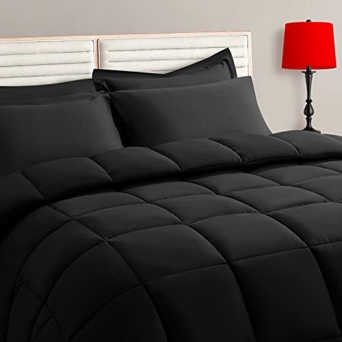 TAIMIT Twin Size Comforter Set - 5 Pieces, Bed in a Bag Bedding Sets with All Season Soft Quilted Warm Fluffy Reversible Comforter,Flat Sheet,Fitted Sheet,1 Pillow Shams,1 Pillowcases,Black