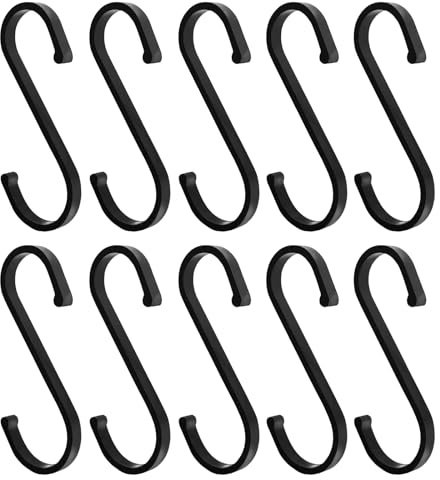 S Hooks S Shaped Hooks Heavy Duty S Hooks for Hanging Pots and Pans, Plants, Coffee Cups, Coats, Bags, Towels in Kitchen, Bedroom, Office, Garden, Bathroom, 10 Pcs,black hooks for hanging(Matte Black)