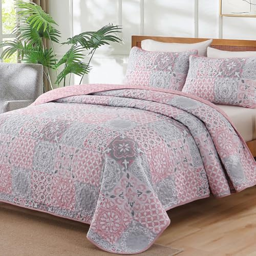 Dobuyly Bettwäsche-Set für Queen-Size-Betten, Boho-kariert, Patchwork-Tagesdecken, Deckeset, 3-teilig, weiche, leichte Mikrofaser, Sommer-Bettwäsche-Set für alle Jahreszeiten, 243,8 x 228,6 cm, Rosa /
