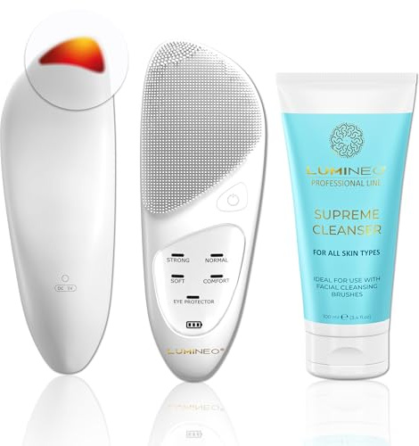 Spazzola per la pulizia del viso Lumineo SONIC THERMO impermeabile IPX7, con gel detergente abbinato (Pelle normale)