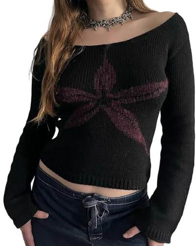 Schulterfreies Strick-Top für Damen, langärmelig, Blumendruck, Fairycore, Häkelpullover, Pullover, A Schwarz, Mittel