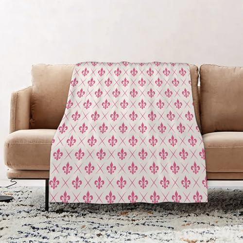 EOMKSE Kuscheldecke Flauschig Decke - weiche warme Fleecedecke 100x130cm als Decke Sofa,Rosa antike Lilien Blumenmotive mit Karomuster Französische Heraldik Dekorati,Wohndecke oder Couchdecke überwurf