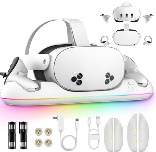 Base de Carga para Meta Quest 3/3S/2, Estación VR magnética con Carga rápida, Salida USB, Iluminación RGB, 2 baterías Recargables de 2100mAh, Accesorios para Oculus Quest Auriculares y Controladores