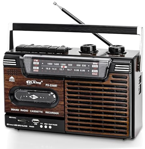 Boombox - Reproductor de casete portátil, retro, compatible con reproducción SD/MMC/USB/casete, radio de bandas AM/FM/SW, calidad de sonido HiFi, altavoz integrado (marrón vintage)