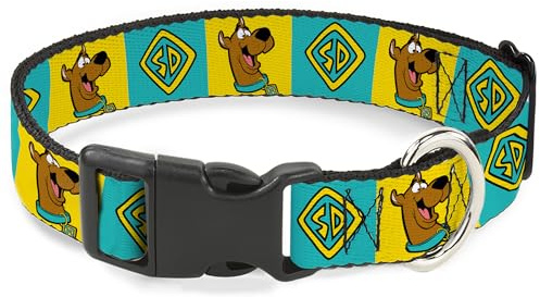 Scooby DOO Hundehalsband, Kunststoffschnalle, Scooby DOO Pose und Erkennungsmarke, Blöcke, Gelbblau, 24,9 bis 37,8 cm, 1,3 cm breit