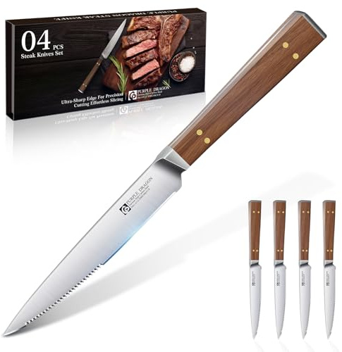 Purple Dragon Set de 4 Cuchillos para Filete Cuchillos para Filete con Cuchilla Ondulada y Mango de Madera Ergonómico Utensilios de Cocina en Acero Inoxidable de Regalo para Mudanza