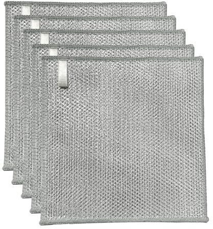 YinQin 5 PCS Triple Layer Wire Dishwashing Cloths 20x20 cm Hanging Design Non-Scratch Stainless Steel Mesh Cleaning Cloth Multipurpose 3-Layer Metallic Wire Dish Rag Towel for Kitchen Sink Stove Top