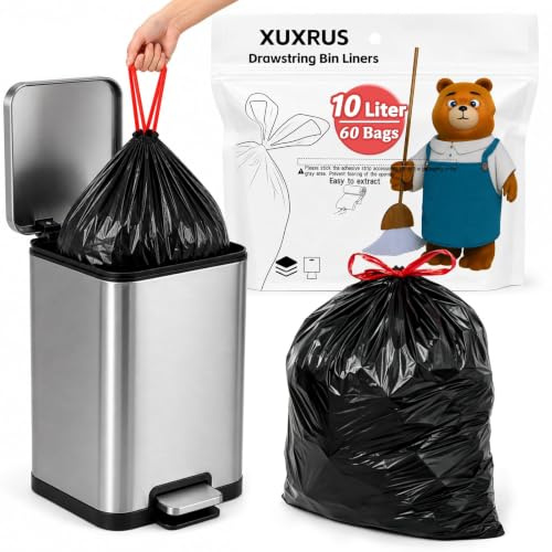XUXRUS 10L Black Small Bin Liners for Bathroom, Drawstring Design, 60 Count | Thickened Tear-Resistant Rubbish Bags for Office and Household Use