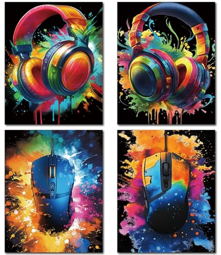 CREATCABIN 4 Stück Kopfhörer Leinwandbild Gamer Heimdekor Bild Neon Stil Wandkunst Poster Kopfhörer Leinwanddruck Jungen Spielzimmer Wohnzimmer Dekoration 20x25cm Ungerahmt