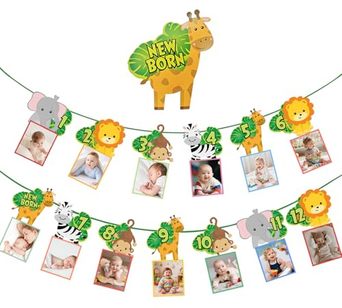 APKOL Ghirlanda di Compleanno 12 Mesi Animale, Festone Primo Compleanno | Bimbo 1 Anno bimba, Filo e Ago Inclusi,Bandierine 12 Cartoncini di Carta per Foto Mensili Primo Decorazioni