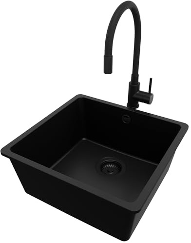 PRIMAGRAN Fregadero bajo Encimera al Mueble 50cm + Grifo, 46x44cm | Set: Grifo BW6020 + Kit de desagüe (sifón, válvula, rebosadero) + Venecia Easy 1 Seno Granito, Todo Negro
