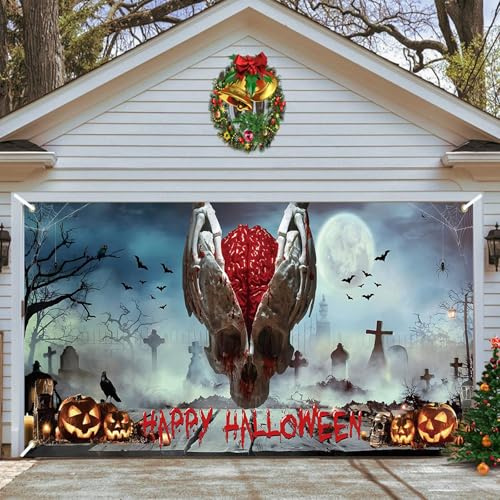 Halloween para cochera infantil: pancarta temática de Halloween con gráficos inquietantes, perfecta para entusiastas de los automóviles y cambios de imagen de garaje, fácil instalación, tela duradera