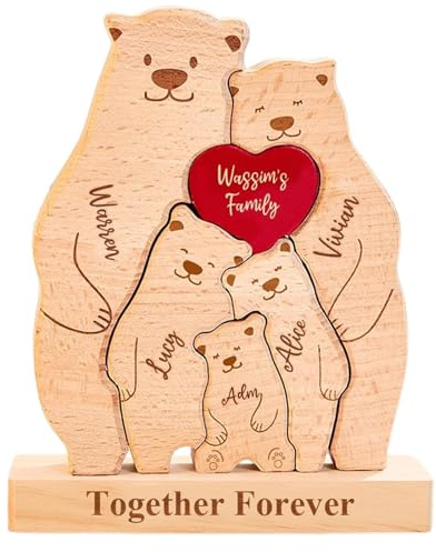 Puzzle en Bois personnalisé avec prénoms – Ours Famille, Puzzle Familial avec Noms, Décoration Maison, Cadeau fête, Pendaison de crémaillère, Famille d’Ours personnalisée (Cute Bear)