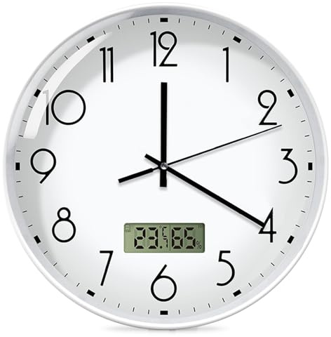 Ljudlös väggklocka, 30 cm köksklocka väggklocka med kalender digital LCD, vit analog kvartsur, vit klocka vägg LCD med digital kalender och termometer för vardagsrum sovrum kontor badrum
