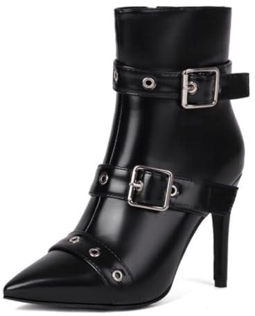 Eestfy Botines De Mujer De Cuero Charol Punta Fina Dos Hebillas Tacón Alto De Moda para Salidas Nocturnas Cenas Trabajo Y Uso Diario,Negro,39 EU