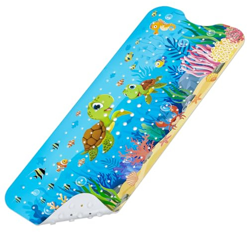 Omedecal Baby badmatta halkfri för badkar, 100 x 40 cm lång badrumsmatta, halkfri duschmatta med sugkoppar och dräneringshål, sköldpadda