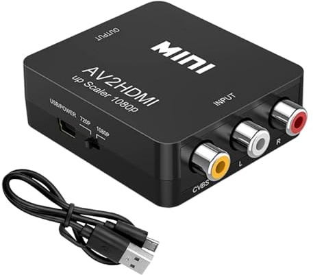 YUNHOLO RCA to HDMI Converter, Mini RCA AV Composite Video Audio to HDMI Converter Adapter, Supporting PAL/NTSC for TV/Wii/PC/PS 123/Xbox/VHS/VCR/Blue-Ray DVD Players