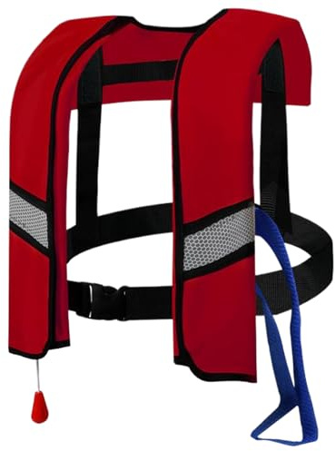 Hperu 150N Automatische aufblasbare Rettungsweste für Erwachsene Nylon-Schwimmweste mit Verstellbarer Schnalle, reflektierenden Streifen und Pfeife, zusätzlicher Schlauch, rot (ohne Gasflasche)