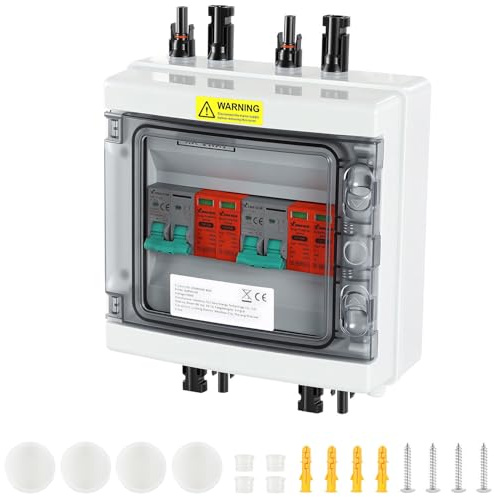 Peviasot PV Combiner Box 2-String mit Überspannungsschutz und DC-Trennschalter, 1000V 32A, IP65 wetterfest, inkl. Solarstecker und Montagezubehör