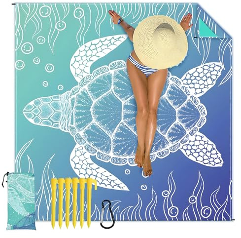 Mikrofaser Strandtuch - 210x200 cm Groß Stranddecke Sandfrei mit 6 Bodennägel und 1 Karabiner Strandzubehör Picnic Blanket - Strandmatte Camping Picknickdecke für Strand, Wandern, Reisen, Picknick